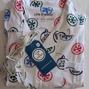 Life is Good Women's White Pajama Set with Snowflake Print 100% Cotton